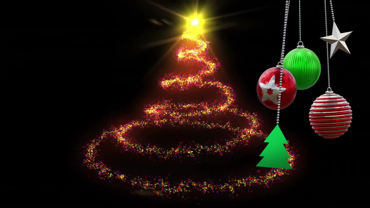 Animation of christmas decorations and tree on black background