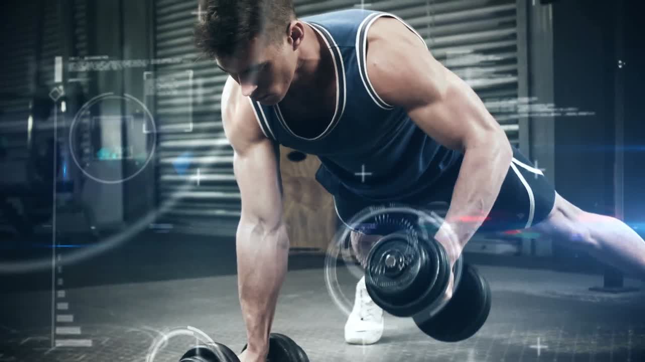 운동 선수 가 애니메이션 배경 에 맞춰 덤벨 을 들고 푸시업 을 하고 있다