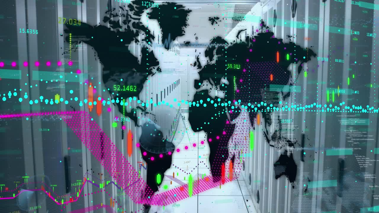 컴퓨터 서버를 통해 데이터 처리 및 세계 지도의 애니메이션