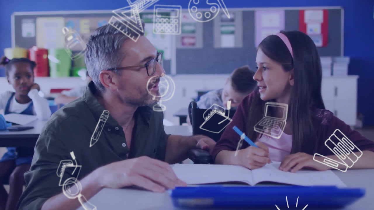 animación de los íconos de los artículos escolares más feliz diverso maestro masculino hablando con los estudiantes en el aula