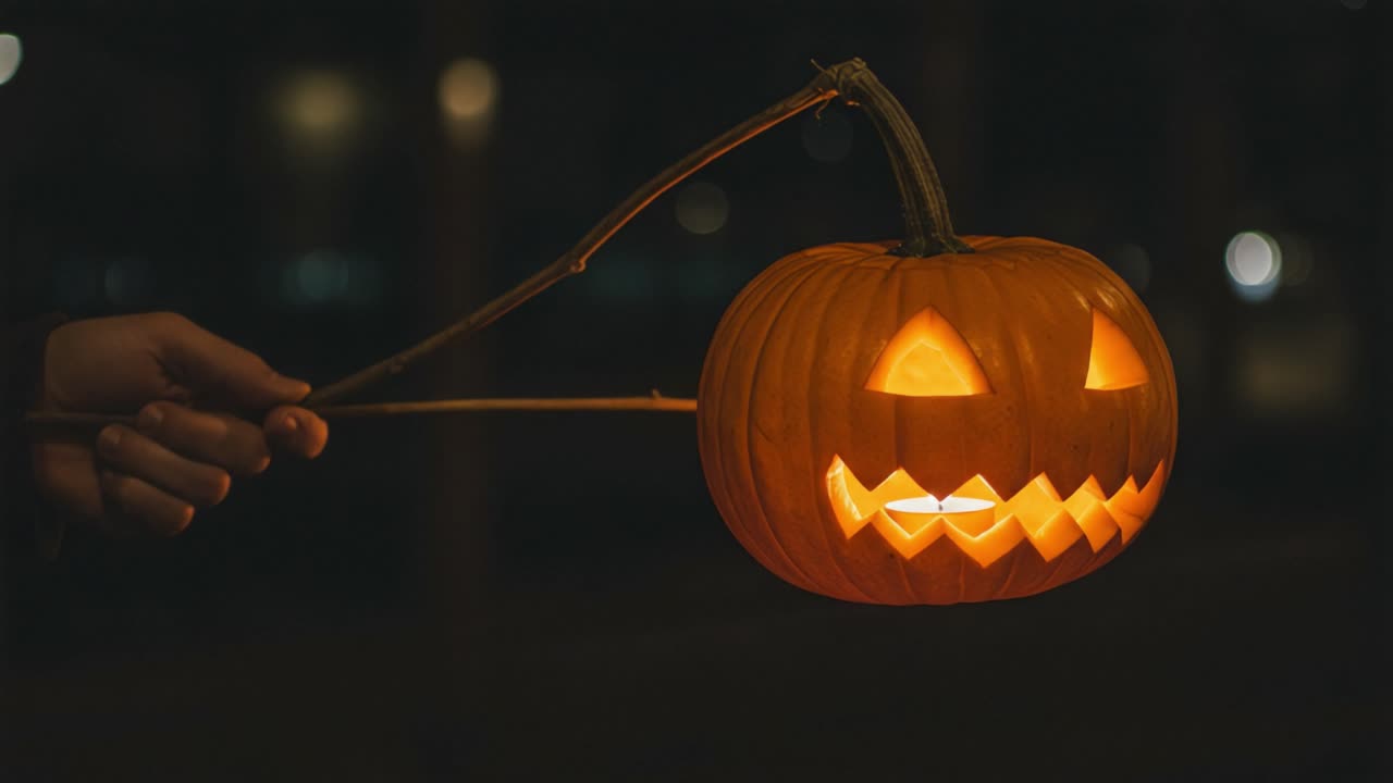 A Spooky Halloween Scene Captured with a Hand-Held Pumpkin Lantern Glowing Brightly Against a Dark Background in a Mysterious Setting