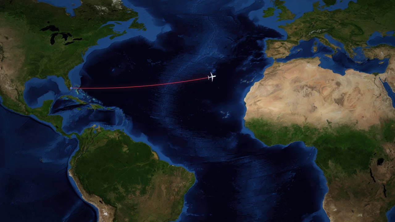 A digital airplane icon travels across the Atlantic Ocean on a world map background