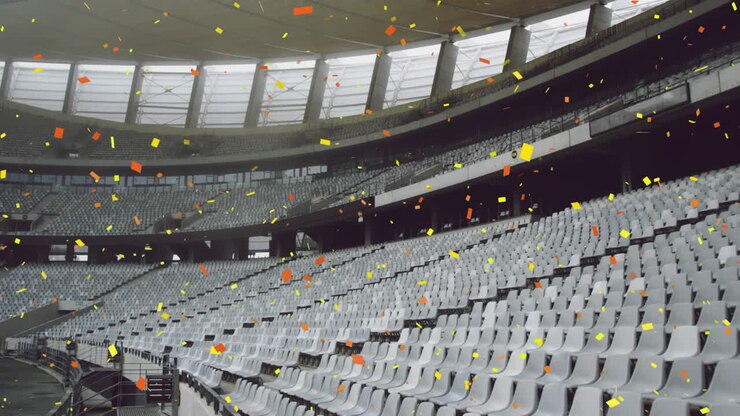 Animation of confetti falling over empty stadium
