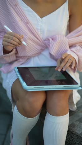 young woman drawing on a tablet outdoors