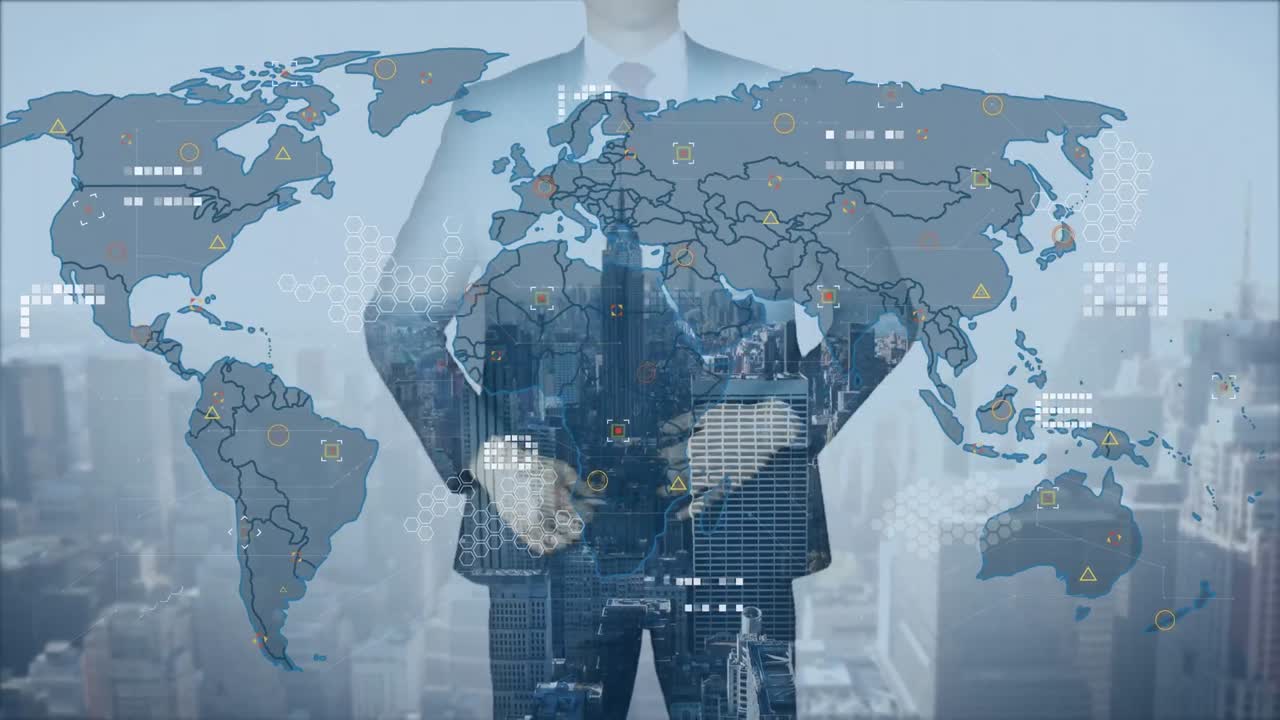 세계 지도와 도시 풍경의 애니메이션 카우카스 사업가