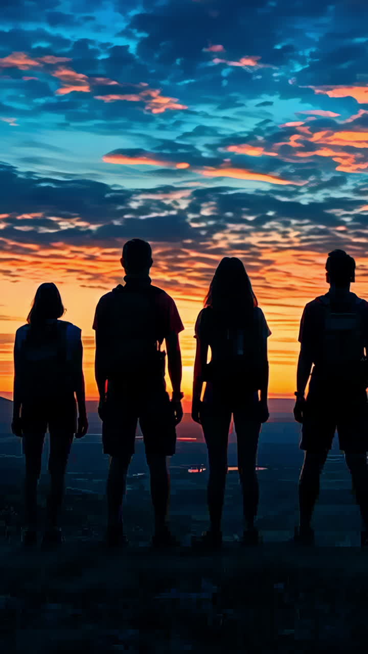 Sunset Hike With Friends at Scenic Overlook in Nature Preserve. A group of friends stands silhouetted against a stunning sunset at a breathtaking overlook
