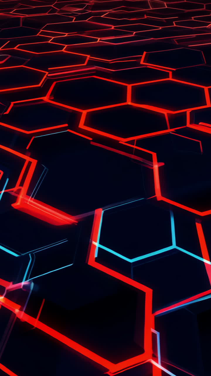 A computer generated image of a black and red background with a pattern of hexagons. The image has a futuristic and abstract feel to it Vertical video