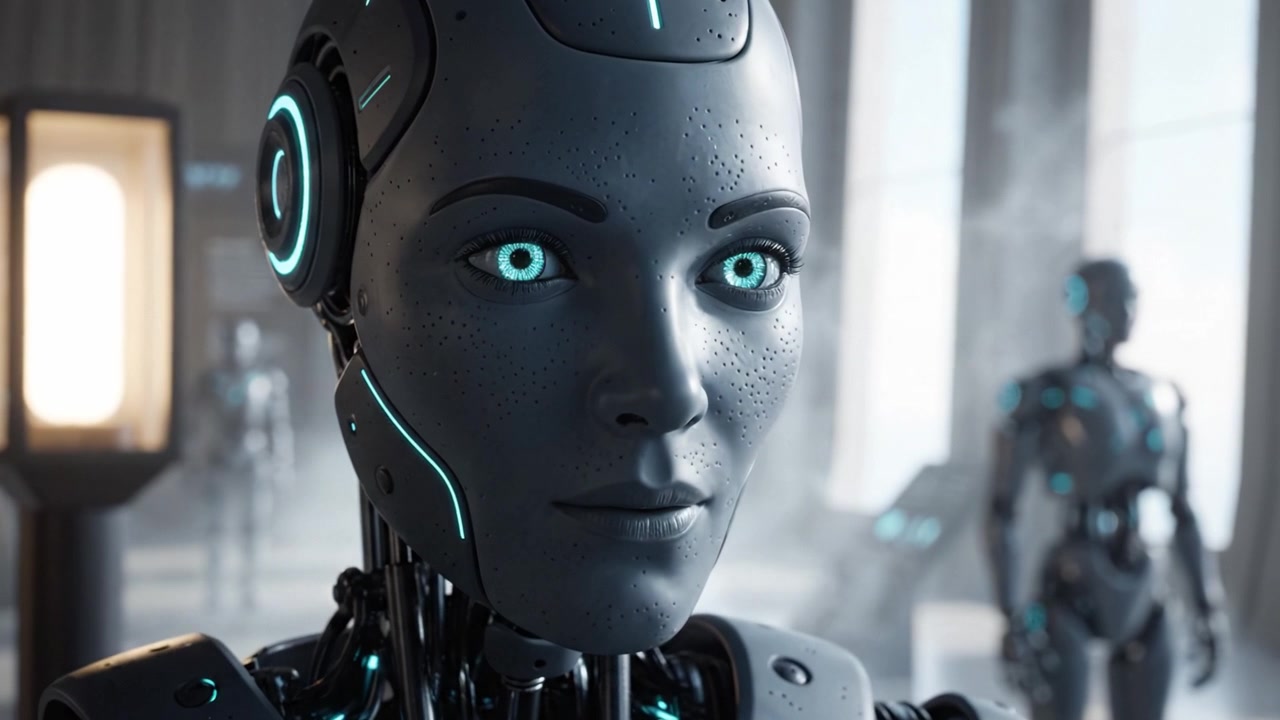 Robot umanoidi futuristici in un ambiente high-tech, che mostrano intelligenza artificiale avanzata con design intricati e caratteristiche luminose, incarnando innovazione e tecnologia.