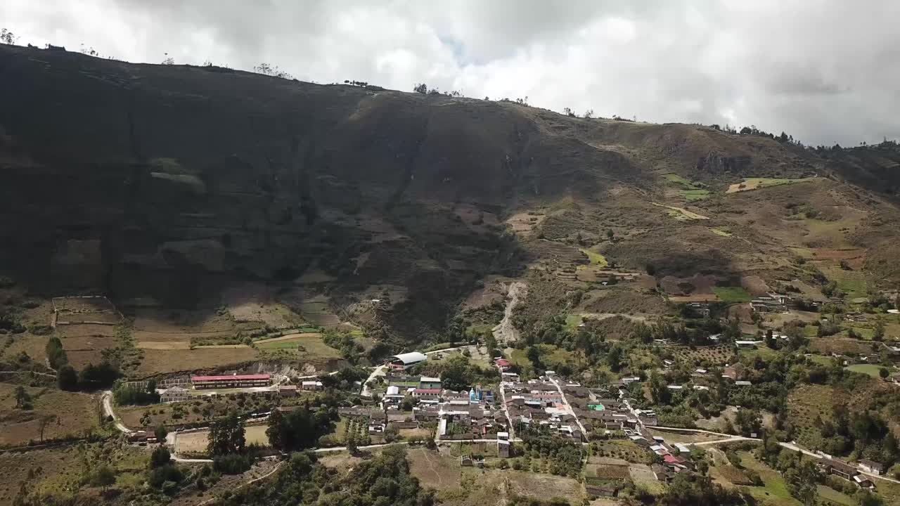 Huasmin, a rural village in Cajamarca, Peru. The photo showcases the village surrounded by agricultural fields and rugged highland terrain, depicting the peaceful lifestyle of the Peruvian countryside