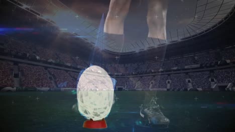 animation of dna strand and data processing over rugby player in sports stadium