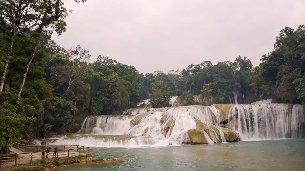 An aerial drone shot of the Cascadas de Agua Azul in Chiapas, México. A man is swimming, highlighting the recreational and majestic scale of the limestone cascades and jungle surroundings