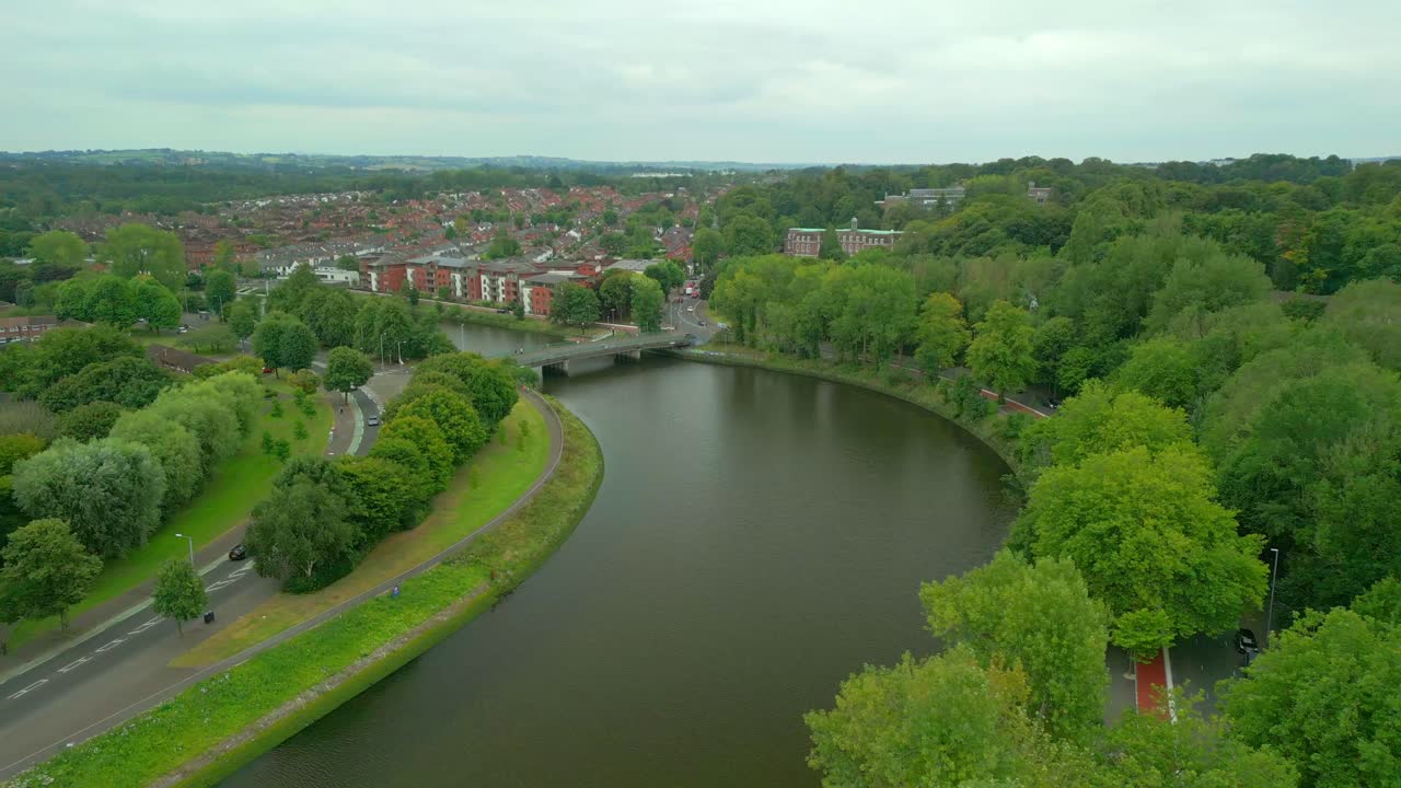 Rising aerial GV of South Belfast and the River Lagan in Northern Ireland, UK. Produced in 4K, 60fps and with Rec709 color