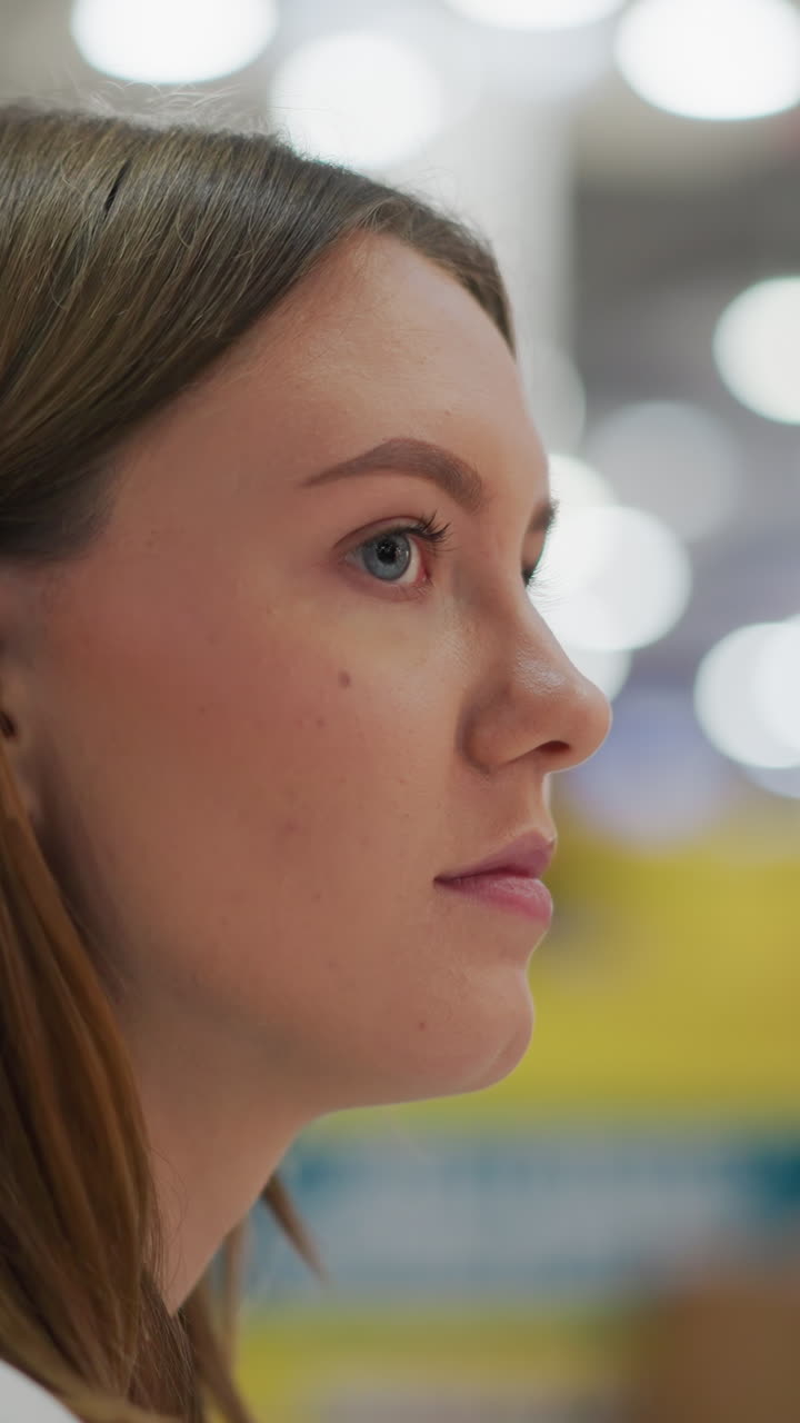 primer plano de una mujer joven mirando hacia adelante con una expresión reflexiva en un entorno interior vibrante, con un fondo borroso de colores y una iluminación suave