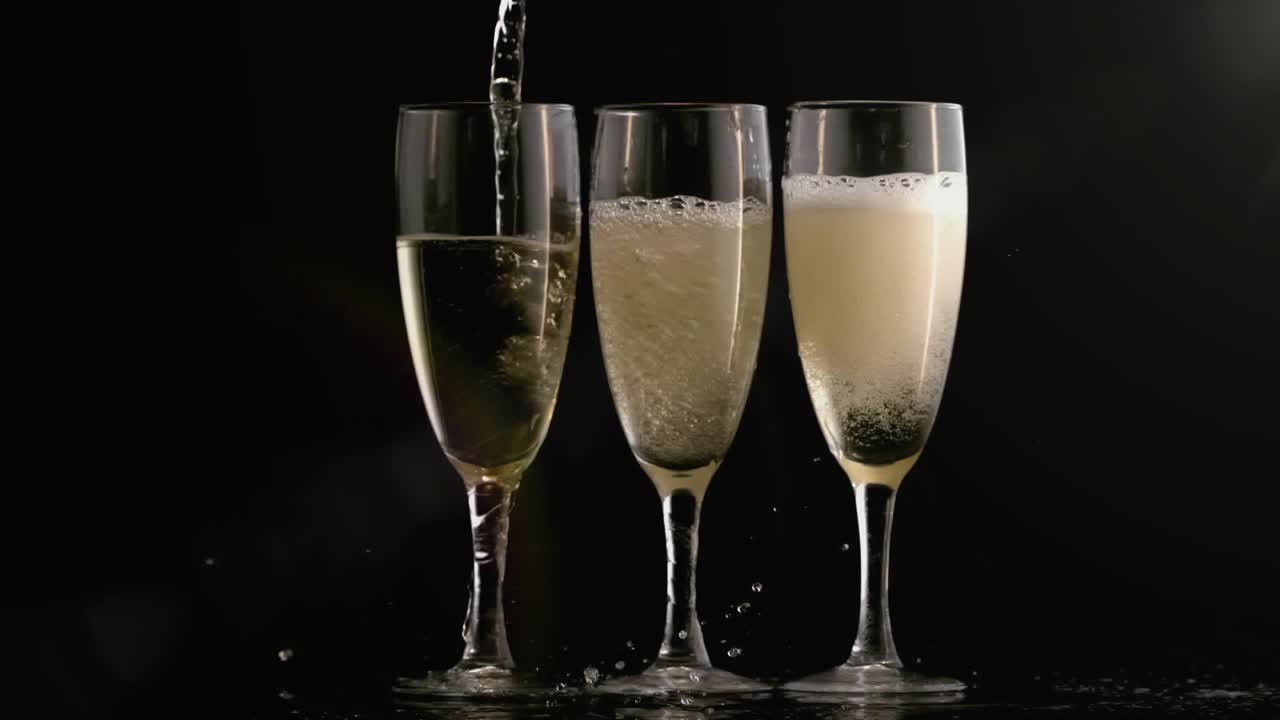 Pouring stream from above shifting over 3 flutes making bubbles, creating foamy heads, flare moving