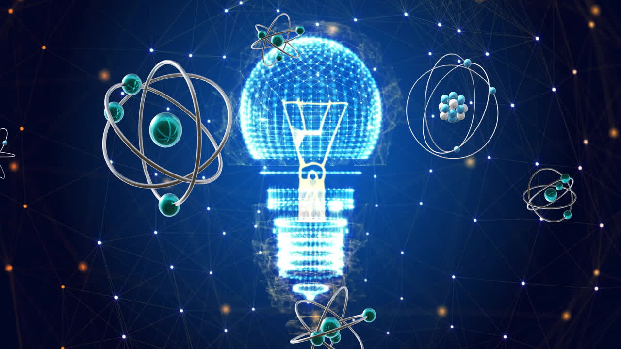 Animation of atomic structures moving over light bulb and networks on dark background