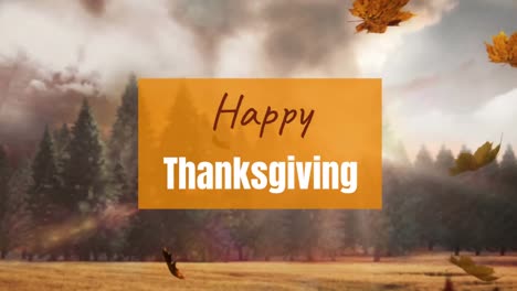 Animation-of-happy-thanksgiving-text-on-orange-banner-over-falling-leaves