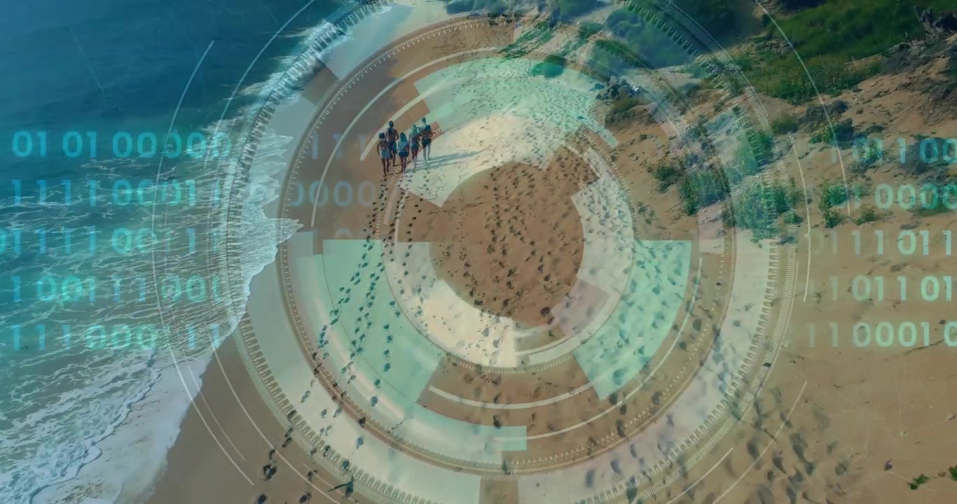 Cinque adulti camminano sulla riva mentre un drone si alza, generando anelli HUD scintillanti che mappano impronte, e altri si uniscono per la tecnologia.