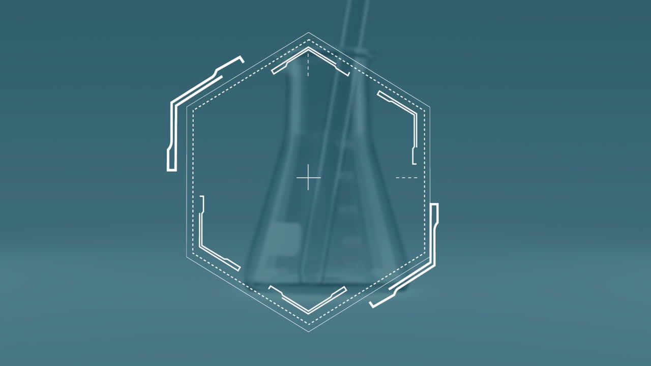 Animating hexagonal frame over laboratory flask with blue background