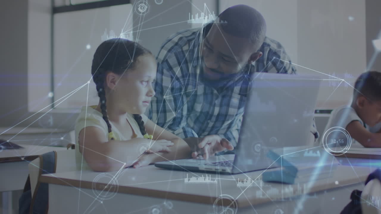 animación de la red y los datos sobre feliz afroamericano maestro masculino y escolar