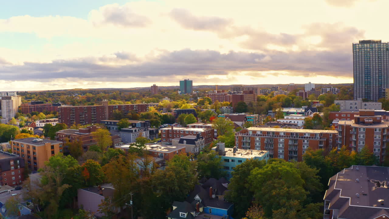 Aerial drone shot over Halifax downtown, Nova Scotia, Canada.
High view of the cityscape and the urban buildings.