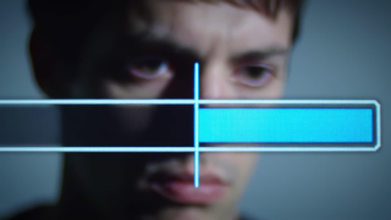 A Contemplative Moment: A Man's Expression Transitions from Uncertainty to Clarity as an On-Screen Progress Bar Fills Gradually in a Captivating Visual Narrative