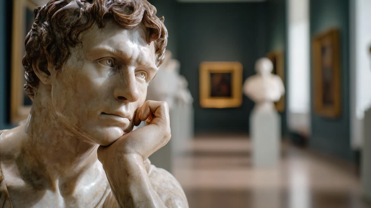 Scultura che invita alla riflessione in Galleria d'Arte: un primo piano di un'opera classica che mette in risalto espressione ed emozione tra una collezione di capolavori