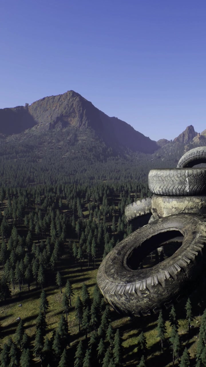 Mountains and trees in background with stacked tires in a forest area