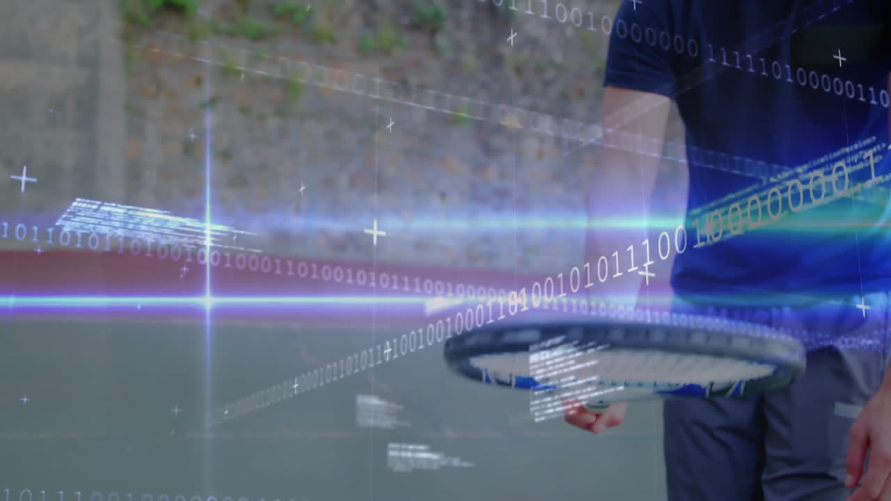 mature man swinging tennis racket on outdoor court, showcasing technology with binary code overlays
