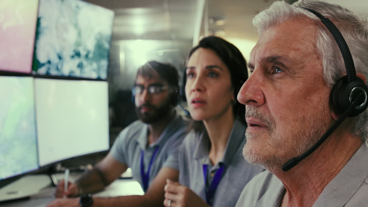 tres personas en una sala de control, centradas en pantallas de computadora