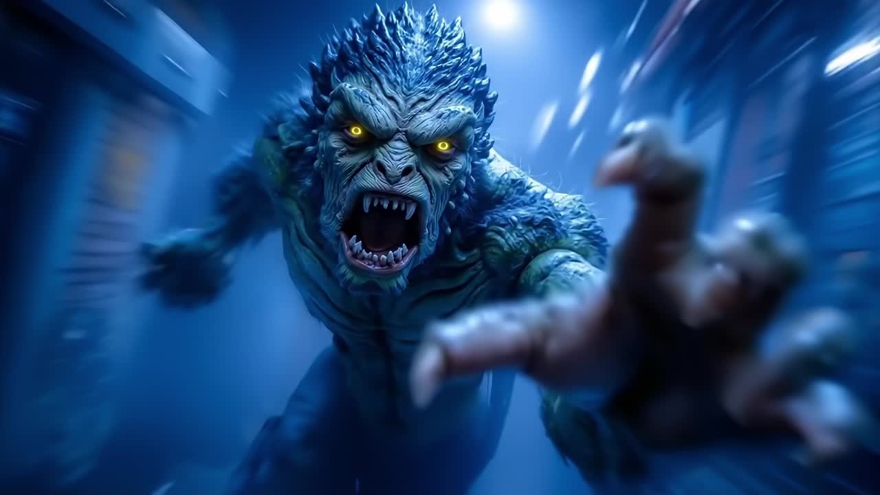 A monster with yellow eyes and fangs in a dark room