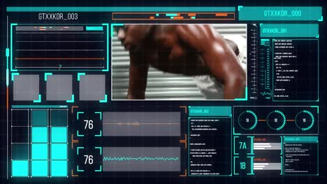 Animation-Der-Datenverarbeitung-Auf-Bildschirmen-über-Einem-Afroamerikanischen-Mann,-Der-Trainiert