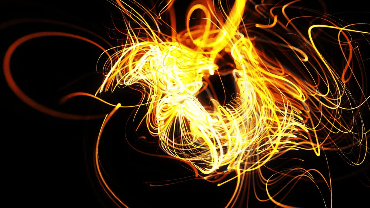 el flujo de partículas forma líneas amarillas rizadas como senderos de luz brillante o rayas, las líneas forman un patrón giratorio como ruido de rizado. animación 3d abstracta como brillante creativa festiva bg. líneas rápidas de luz