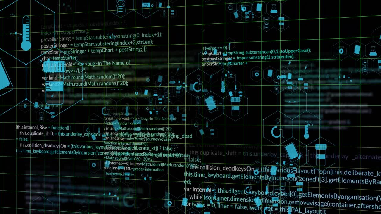 Animation of medical icons and data processing on black background