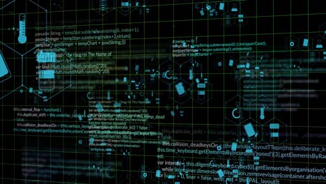 Animation of medical icons and data processing on black background