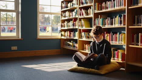 young boy reading in a library
