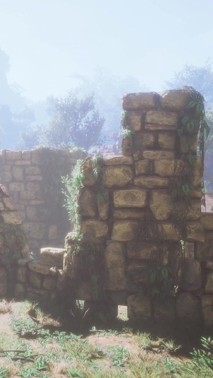 Antiguas ruinas de piedra rodeadas de árboles y niebla en un entorno forestal