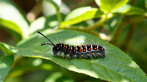 a caterpillar on a green leaf