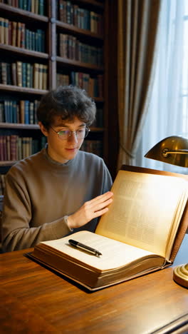 young man reading an old book in a library