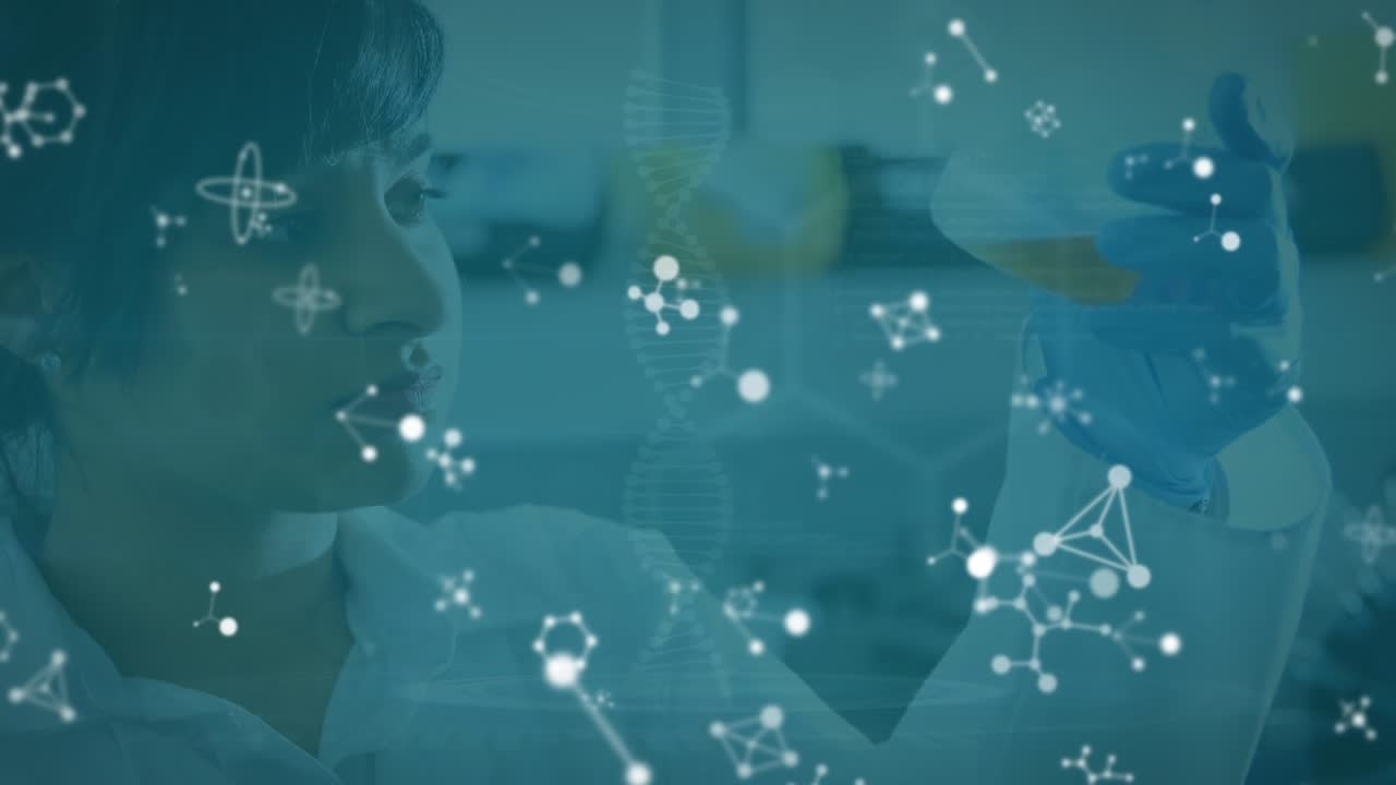 Animation of molecules over female lab worker