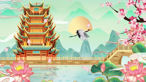 traditional chinese landscape with pagoda, crane, and cherry blossoms