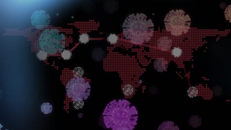 Animation-Von-Covid-19-Zellen,-Die-über-Die-Weltkarte-Fliegen