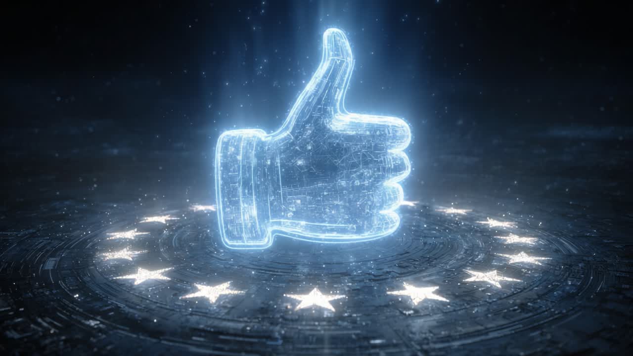 A Digital Representation of Approval: A Sparkling Thumbs-Up Surrounded by Stars in a Futuristic Setting, Emphasizing the Blend of Technology and Acknowledgment