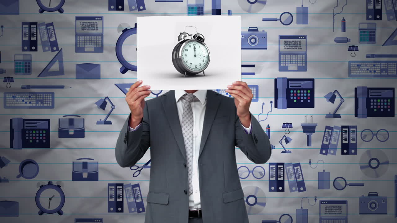 Businessman holding alarm animation over face