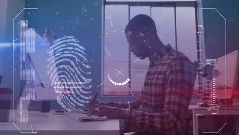 Animation-Der-Verarbeitung-Biometrischer-Fingerabdruckdaten-über-Einem-Afroamerikanischen-Geschäftsmann-Im-Büro