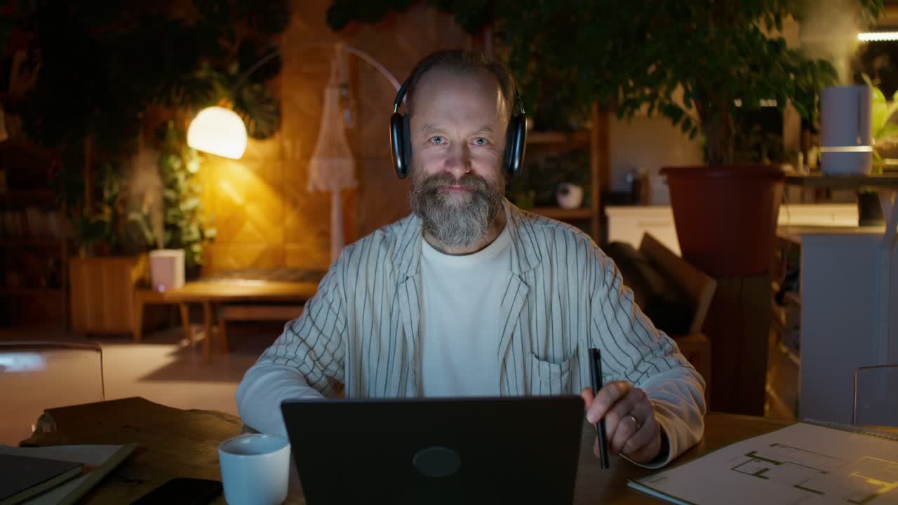 hombre trabajando desde casa por la noche