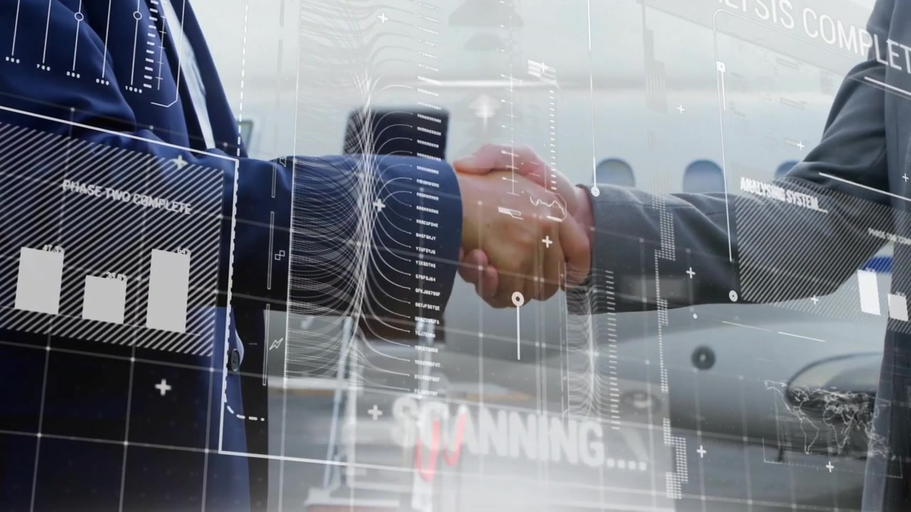 Affärschefer skakar hand på flygplatsrampen, aktiverar ett genomskinligt skanningsöverlägg som analyserar data.