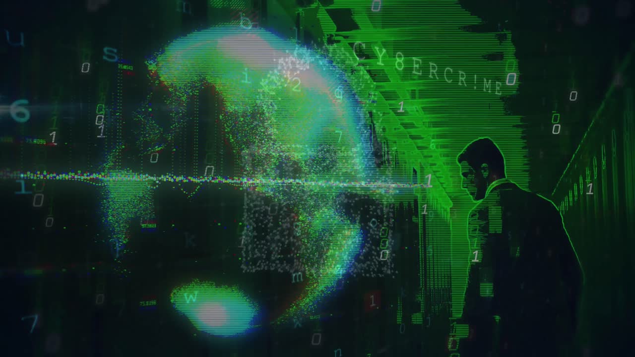 animación de codificación binaria sobre el hombre caucásico por servidores de computadora