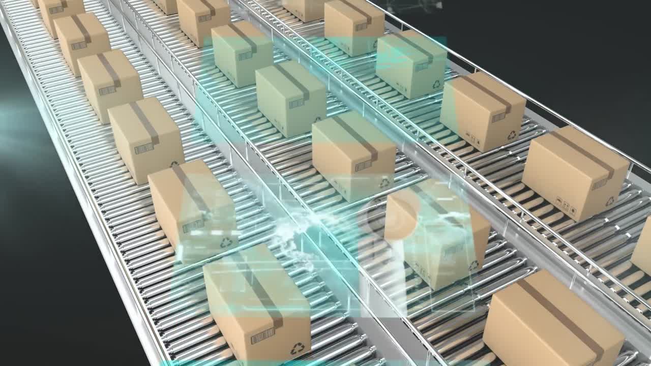 Animation of screens with data processing over boxes on conveyer belt against black background