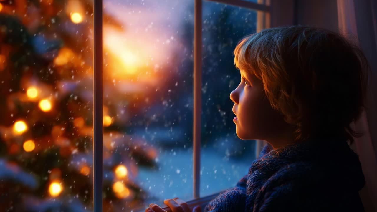A Child's Winter Wonder: Gazing Out the Window as Snow Falls and Christmas Lights Shine, Capturing the Essence of Holiday Magic and the Beauty of Childhood Moments