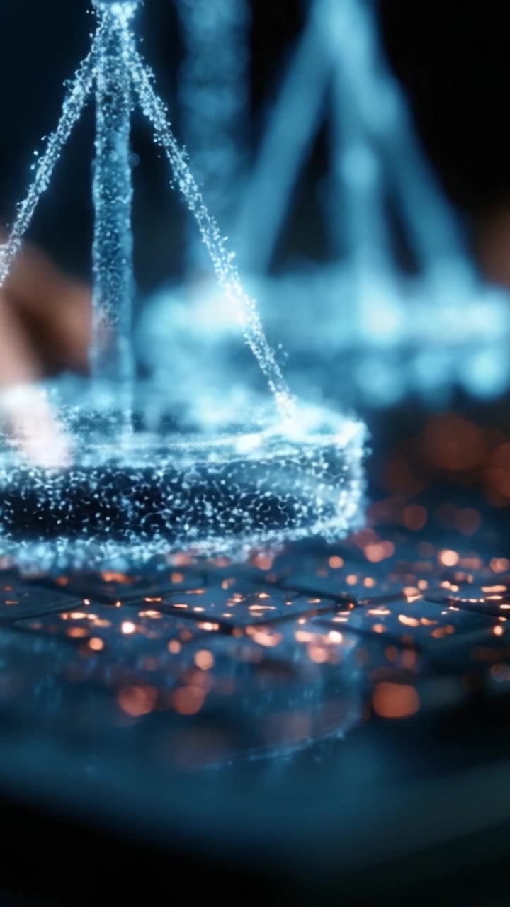 A mesmerizing visual representation of justice and balance, showcasing futuristic scales suspended in mid-air, illuminated against a backdrop of glowing keys that symbolize technology.